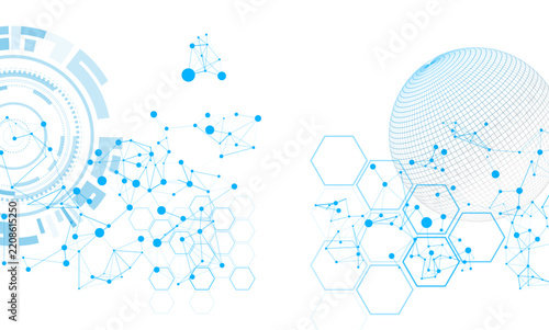 A clean futuristic technology background featuring blue wireframe globe, digital hexagon structures, circular hud interface, and interconnected molecular data nodes.