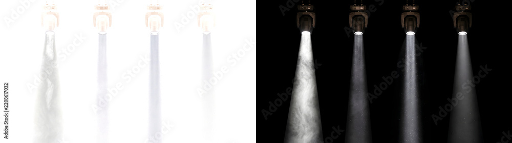 Obraz premium Moving head spotlights casting four white light beams through stage smoke and dust for concert overlays in PNG, Transparent and Black Background Versions