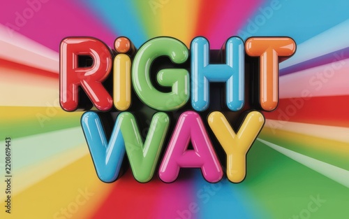 Right way, 3 d glossy multicolored text on a radial rainbow background