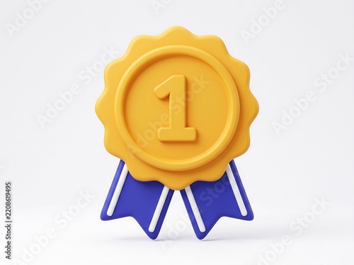 3D golden medal icon with number one and blue ribbon prize gold medal first place 3D icon