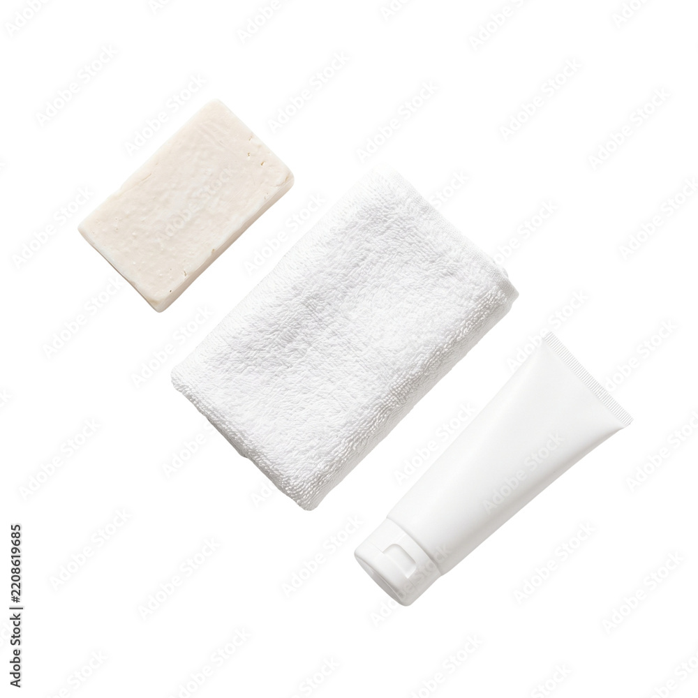 Fototapeta premium Soap bar towel and cosmetic tube isolated on a transparent background for spa design
