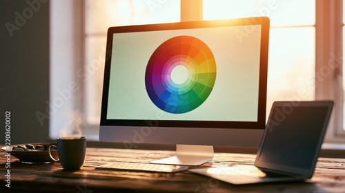 Desktop computer monitor displaying a colorful circular color wheel on the screen with a laptop and a steaming cup of coffee on a wooden desk