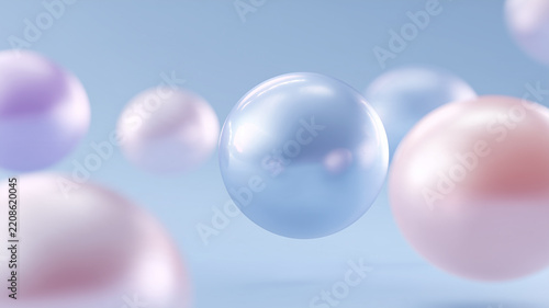 A transparent glass sphere floating among abstract rounded forms represents clarity, balance and modern visual design.
