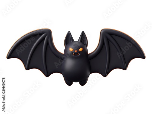3D Cute black bat halloween illustration with orange glowing eyes flying bat halloween decoration