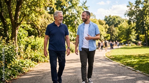 Two men of different generations walking and talking happily in a sunny park on a paved path surrounded by lush green trees and foliage