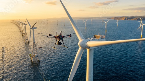 Drone Flying Over Offshore Wind Farm at Sunset