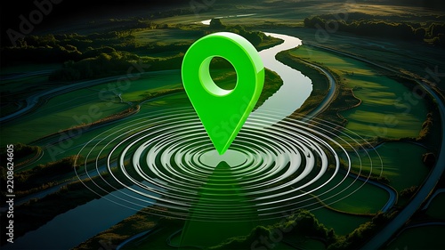 Location pin showing geographic positioning and digital navigation over a landscape