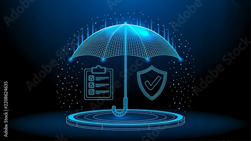 Digital insurance protection concept with glowing umbrella, shield and security icons