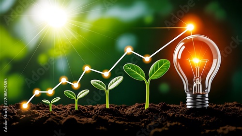 Growth concept with young plants, rising graph and glowing light bulb for sustainable innovation
