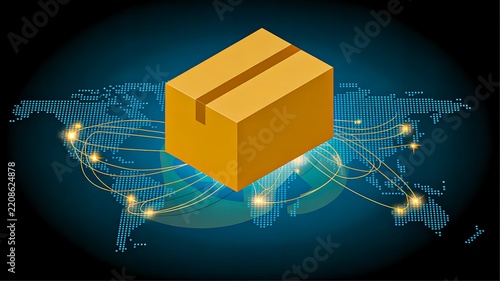 Global shipping package concept with cardboard box and worldwide logistics network