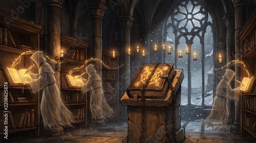 Ghostly monks writing in ancient library. Floating candles and chained magic book. Fantasy illustration