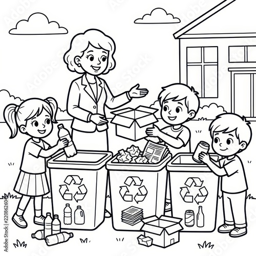 Kids and teacher recycling waste coloring page
