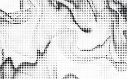 Abstract monochrome halftone pattern with dynamic waving dot lines and flowing liquid shapes