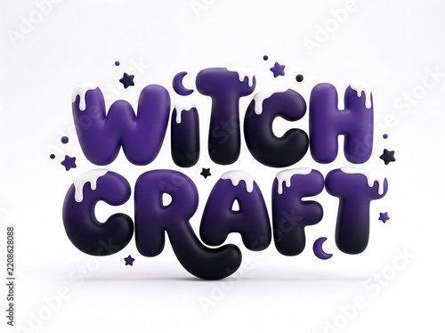 3D render of purple bubbly witchcraft text with stars and magical glowing effect