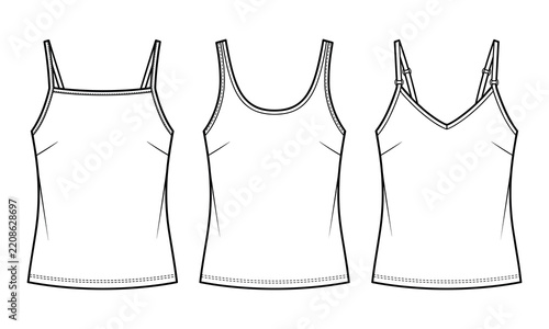 Obraz na plátně Set of women camisole and tank top fashion flat sketches vector CAD drawing for