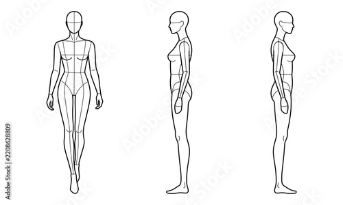 Set of women fashion croquis walking and side profile figure template vector CAD drawing for apparel design