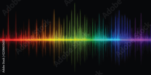 Rainbow sound wave equalizer visualization on black background with audio wave music visualization digital sound rainbow colors glowing lights audio technology graphic equalizer