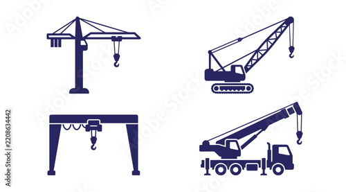 A collection of dark blue depicting various types of industrial cranes including a tower crane, a crawler crane, a gantry crane, and a truck