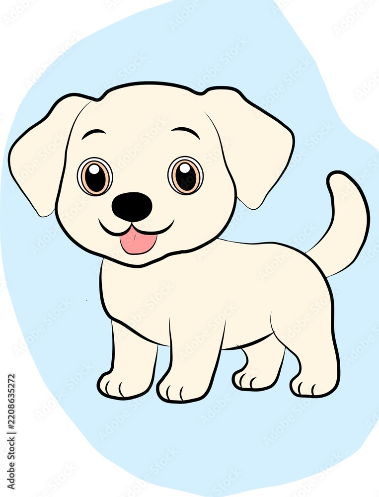 Fototapeta premium Cute Cream Colored Puppy Cartoon Illustration with Big Eyes on Blue Background
