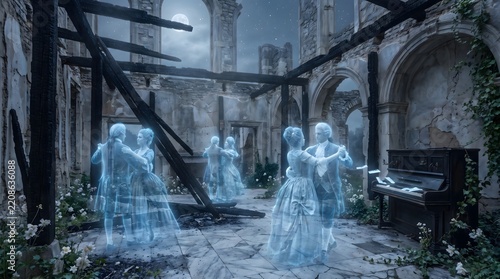 Ghostly couples dancing in a ruined historic ballroom. Translucent spirits in period attire. Moonlight illuminating a burned historic mansion with a piano