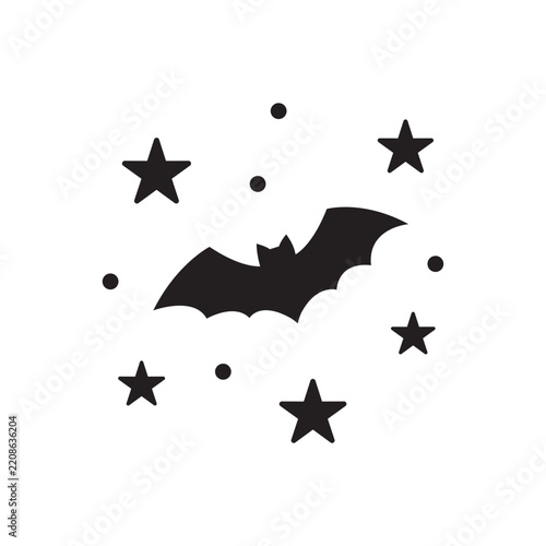 Minimalist line art of a cratered full moon with bats flying across clouds.