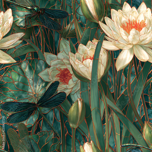 Seamless Art Nouveau pattern of dragonflies, water lilies and reeds in deep green, for textile and wrapping paper