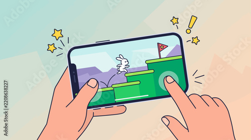 Hands holding smartphone playing colorful side-scrolling video game.