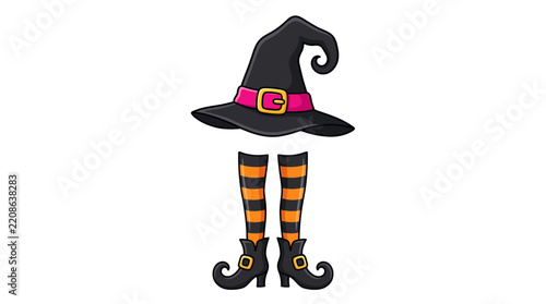 Playful witch costume legs with striped stockings and pointed hat illustration.