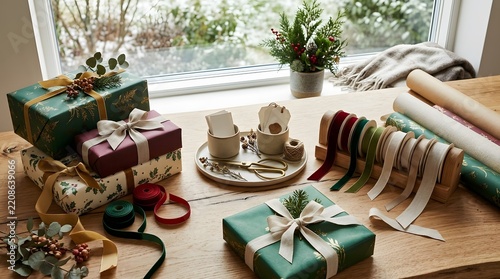 Festive Christmas Gift Wrapping Station on a Rustic Wooden Table.