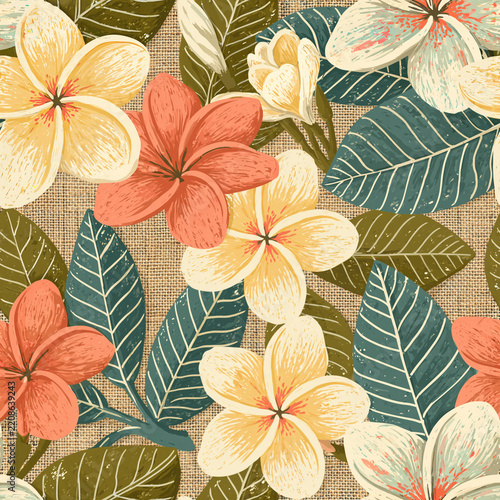 Seamless pattern of frangipani flowers and leaves in a naive folk style on linen, for textile and wrapping paper