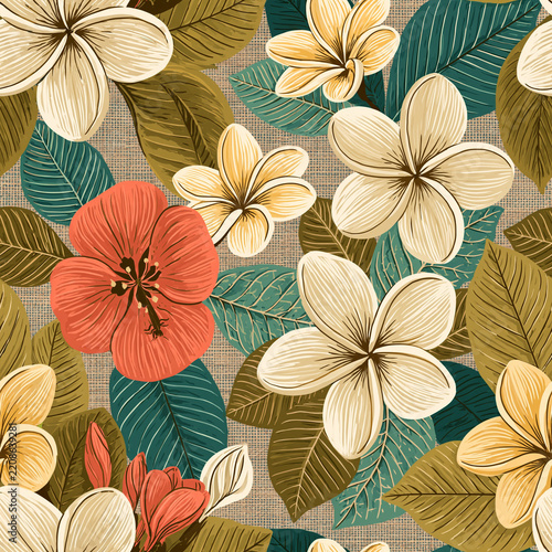 Seamless pattern of frangipani flowers and leaves in a naive folk style on linen, ideal for wallpaper and surface design