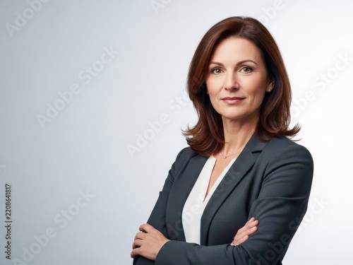 Professional woman in dark blazer arms crossed