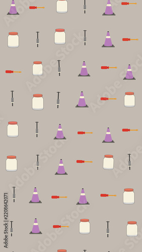 Pattern of jars, syringes, traffic cones, and screwdrivers
