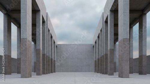 A massive concrete structure dominates the scene, featuring a long corridor flanked by towering, gray columns. The columns support a solid concrete wall that stretches into the distance.