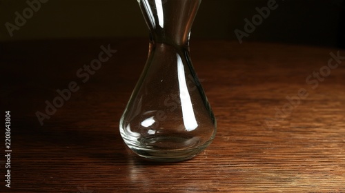 Empty hourglass on dark wood, clear glass, side lighting.