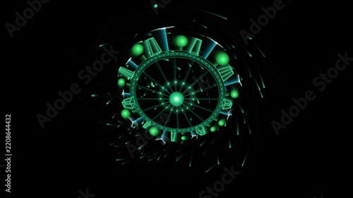 Futuristic digital circular interface with glowing green nodes and geometric structures against a dark background