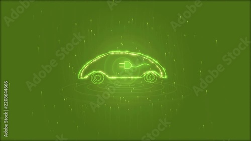 Digital illustration of a glowing green electric car outline with a charging plug icon on a dark background
