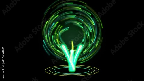 Abstract digital fountain with glowing green light particles and neon lines