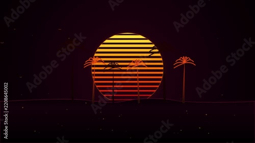 Retro synthwave landscape with a glowing striped sun and palm tree silhouettes