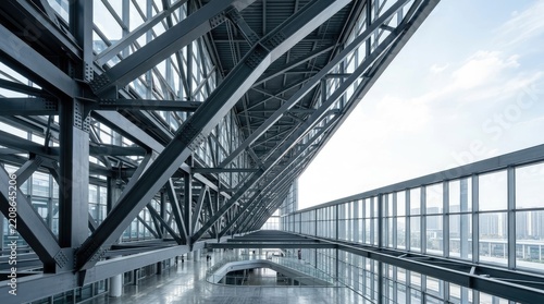 A dramatic photograph captures the interior of a modern, expansive airport terminal. A complex network of steel beams and supports creates a visually striking, geometric pattern.