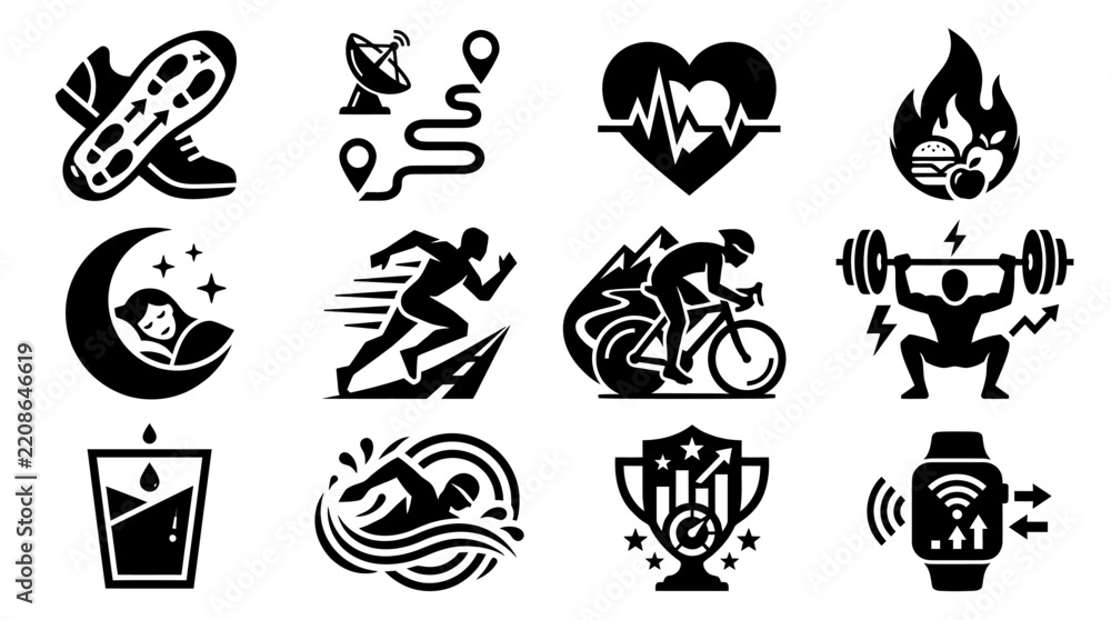 Fototapeta premium Set of black and white health and fitness icons depicting exercise activities and lifestyle habits with exercise activity lifestyle wellness weightlifting swimming tracking vitality training