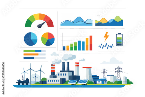 Industrial energy dashboard with factory and renewable power icons
