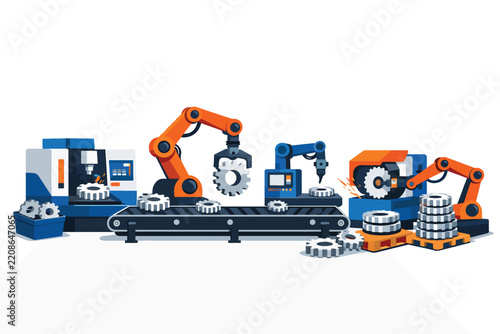 Industrial automation with robotic arms and conveyor belt in factory