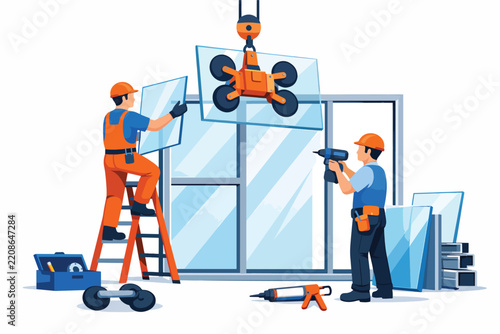 Construction workers installing large glass windows with crane assistance