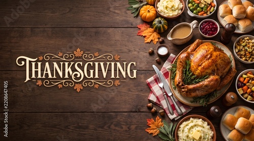 Traditional Thanksgiving Feast with Turkey and Elegant Holiday Typography