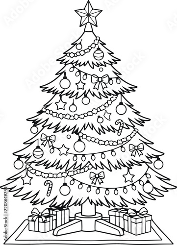 Christmas tree with star, garland, ornaments, and bows, standing on a base with gift boxes, black and white line art illustration