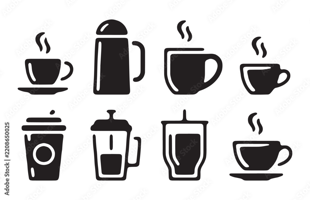 Fototapeta premium Black silhouette coffee cups and drink vessels set including varied teaware and portable containers.