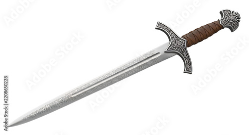 Antique ornate silver dagger with wooden handle and detailed metalwork isolated on transparent background