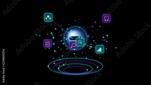 Cute floating ai chatbot avatar connecting multiple glowing digital service icons