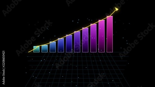 Colorful 3d financial bar graph with glowing yellow trend line showing corporate profit growth